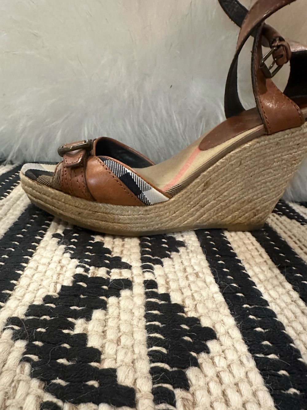 Burberry Brown Leather Plaid Espadrille Wedge Sandals